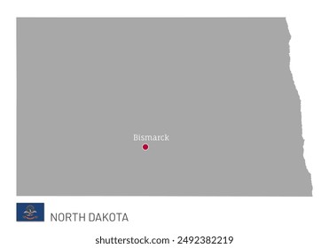 Mapa del estado federal de Estados Unidos en Dakota del Norte con una bandera ondeando. Mapa editable altamente detallado del estado de Dakota del Norte con límites territoriales, estados vecinos y Ilustración vectorial de la ciudad capital de Bismarck