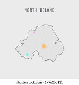 Map of North Ireland with all states and radar spot on map. Each city has separately for your design. Vector Illustration