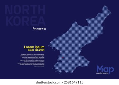 Map of North Korea featuring rounded squares with light blue color. The name of the capital marked with a red square. Isolated on a dark blue background. Perfect for various design projects