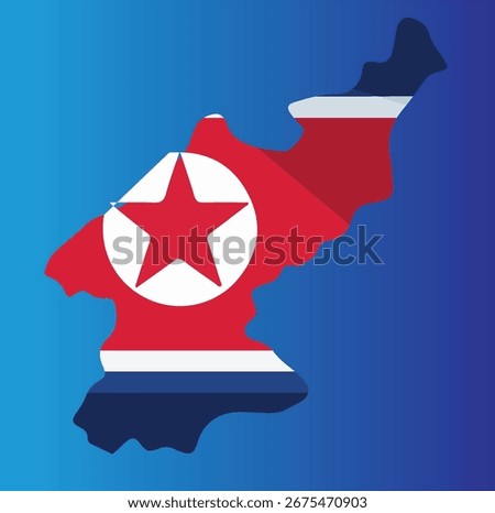 Map of North Korea filled with red, blue, and white star flag colors, labeled 