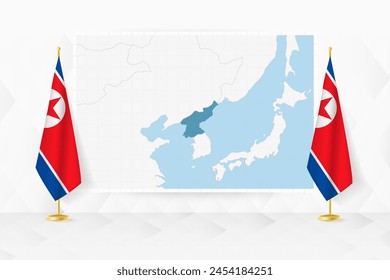 Mapa de Corea del Norte y banderas de Corea del Norte en el stand de la bandera. Ilustración vectorial para la reunión de diplomacia.