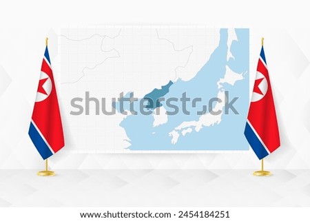 Map of North Korea and flags of North Korea on flag stand. Vector illustration for diplomacy meeting.