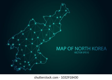 Map of North Korea - With glowing point and lines scales on The dark gradient background, 3D mesh polygonal network connections. Vector illustration eps10.