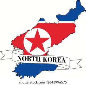 The map of North Korea overlaid with the North Korean flag and its name written on a ribbon