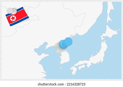 Map of North Korea with a pinned blue pin. Pinned flag of North Korea, vector illustration.