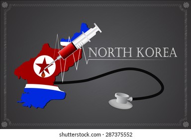 Map of North korea with Stethoscope and syringe.