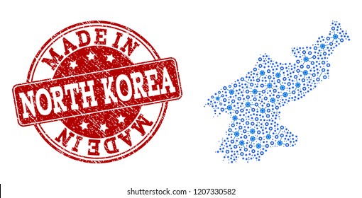 Map of North Korea vector mosaic and Made In grunge stamp. Map of North Korea composed with blue engine relations. Made in red seal with grunge rubber texture.
