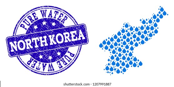 Map of North Korea vector mosaic and Pure Water grunge stamp. Map of North Korea formed with blue water drops. Seal with retro rubber texture for pure drinking water.