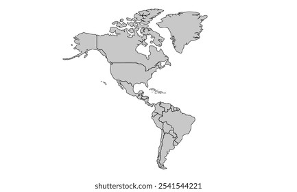 Map of North and Latin America for website layouts,background,education, precise,customizable,Travel worldwide,map silhouette backdrop,earth geography, political,reports.Vector illustration map.