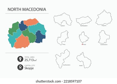 Map of North Macedonia with detailed country map. Map elements of cities, total areas and capital.