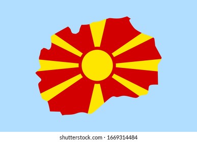 Map of North Macedonia on a blue background, Flag of North Macedonia on it.