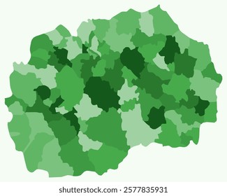 Map of North Macedonia with regions. Just a simple country border map with region division. Green color palette. Plain North Macedonia shape with administrative division. Vector illustration.