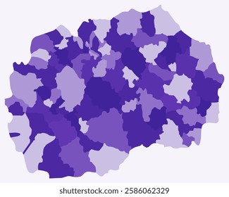 Map of North Macedonia with regions. Just a simple country border map with region division. Deep purple color palette. Blank North Macedonia shape with administrative division. Vector illustration.