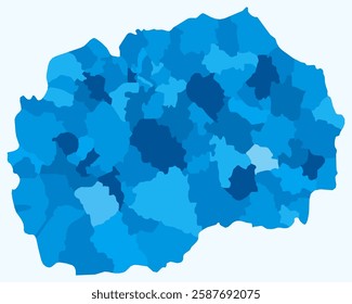 Map of North Macedonia with regions. Just a simple country border map with region division. Light blue color palette. Plain North Macedonia shape with administrative division. Vector illustration.