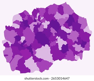 Map of North Macedonia with regions. Just a simple country border map with region division. Purple color palette. Blank North Macedonia shape with administrative division. Vector illustration.