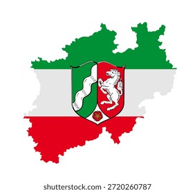 Bandeira da Renânia do Norte-Vestefália com ilustração de silhueta com vetor de brasão de armas isolada. República da província na Alemanha. Símbolo patriótico do adesivo de emblema da Renânia do Norte-Vestefália. Lembrança turística