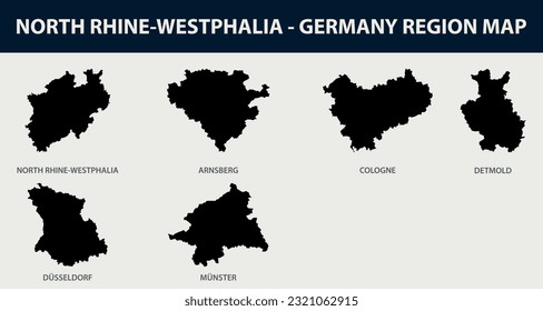 Map of  North Rhine-Westphalia city set -Germany region outline silhouette graphic element Illustration template design
