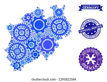 Map of North Rhine-Westphalia State created with blue cog symbols, and isolated rubber seals for official repair services.