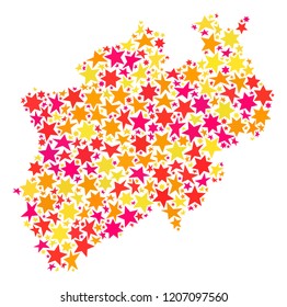 Map of North Rhine-Westphalia State designed with colored flat stars. Vector colored geographic abstraction of map of North Rhine-Westphalia State with red, yellow, orange stars.