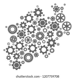 Map of North Rhine-Westphalia State designed with gray wheel symbols. Vector abstract collage of map of North Rhine-Westphalia State with repair symbols. Engineering flat design for repair posters.