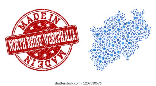 Map of North Rhine-Westphalia State vector mosaic and Made In grunge stamp. Map of North Rhine-Westphalia State designed with blue cog connections. Made in red seal with grunge rubber texture.