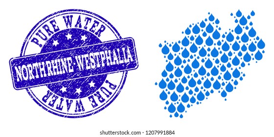 Map of North Rhine-Westphalia State vector mosaic and Pure Water grunge stamp. Map of North Rhine-Westphalia State created with blue aqua raindrops.