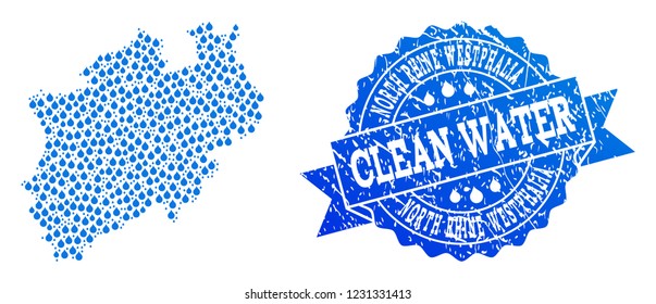 Map of North Rhine-Westphalia State vector mosaic and clean water grunge stamp. Map of North Rhine-Westphalia State composed with blue liquid dews.