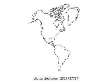 Mapa de América del Norte y del Sur. Mapa de los continentes americanos con fronteras nacionales. Vector. Ilustración vectorial de arte de línea, mapa de dibujo de línea.