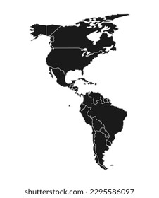 Mapa de América del Norte y del Sur en negro. Mapa de los continentes norteamericanos con fronteras de país. Vector