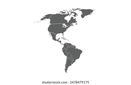 Map of north and south america isolated on white background. for website layouts, background, education, precise, customizable, Travel worldwide, map silhouette backdrop, earth geography, political.