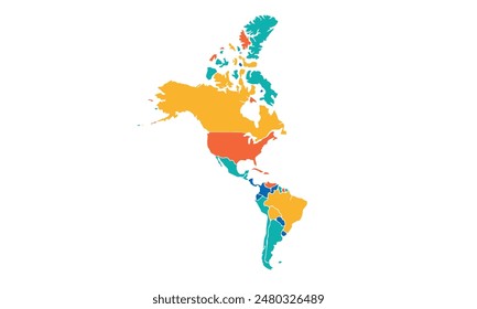 Mapa de Norteamérica y Sudamérica aislado estilo colorido moderno. para diseños de Sitio web, fondo, educación, preciso, personalizable, Viajes por todo el mundo, fondo de silueta de mapa, geografía de la tierra.