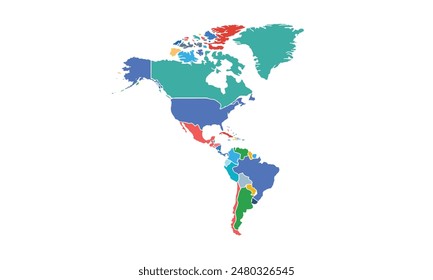 Mapa de Norteamérica y Sudamérica aislado estilo colorido moderno. para diseños de Sitio web, fondo, educación, preciso, personalizable, Viajes por todo el mundo, fondo de silueta de mapa, geografía de la tierra.