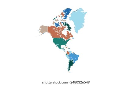 Mapa de Norteamérica y Sudamérica aislado estilo colorido moderno. para diseños de Sitio web, fondo, educación, preciso, personalizable, Viajes por todo el mundo, fondo de silueta de mapa, geografía de la tierra.