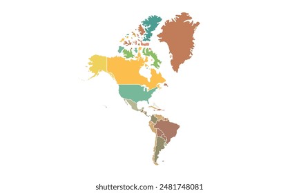 Map of north and south America isolated modern colorful style. for website layouts, background, education, precise, customizable, Travel worldwide, map silhouette backdrop, earth geography, political.