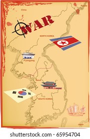 Map Of North And South Korea. Confrontation And War. Vector.