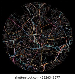 Map of Northampton, East Midlands with all major and minor roads, railways and waterways. Colorful line art on black background.
