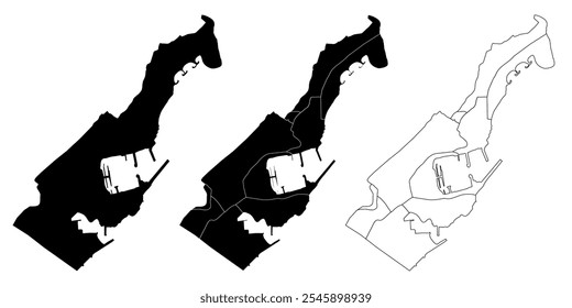 Mapa del noreste de los Estados Unidos en tres estilos: negro sólido, divisiones regionales y contorno.