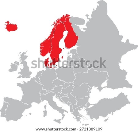 Map of Northern Europe Countries on European Continent Editable Vector