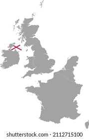 Map of Northern Ireland with national flag within the gray map of Western Europe
