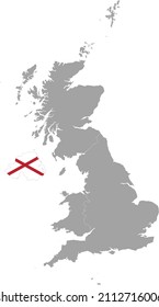 Map of Northern Ireland with national flag within the gray map of United Kingdom