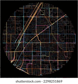 Map of NorthLasVegas, Nevada with all major and minor roads, railways and waterways. Colorful line art on black background.