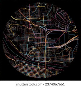Map of NorthLittleRock, Arkansas with all major and minor roads, railways and waterways. Colorful line art on black background.