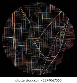 Map of NorthMiami, Florida with all major and minor roads, railways and waterways. Colorful line art on black background.