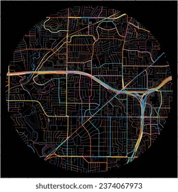 Map of NorthRichlandHills, Texas with all major and minor roads, railways and waterways. Colorful line art on black background.