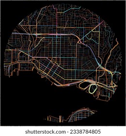 Map of NorthVancouver, British Columbia with all major and minor roads, railways and waterways. Colorful line art on black background.