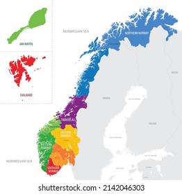 Map of the Norway with administrative divisions of the country into regions and counties, municipalities and dependent territory, detailed vector illustration