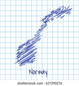 Map of Norway, blue sketch abstract background. The hand drawn map on school grid background texture. scribble pan vector illustration