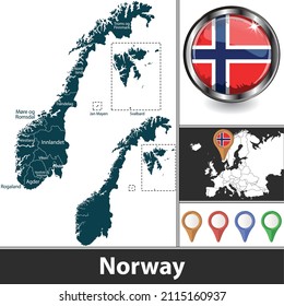 Map of Norway with counties and location on European map. Vector image