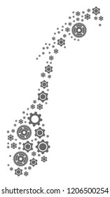 Map of Norway created with gray gear components. Vector abstract mosaic of map of Norway with repair symbols. Engineering flat design for repair applications.