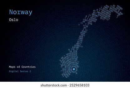 Um mapa da Noruega representado em zeros e uns na forma de um círculo. A capital, Oslo, está no centro do círculo	
